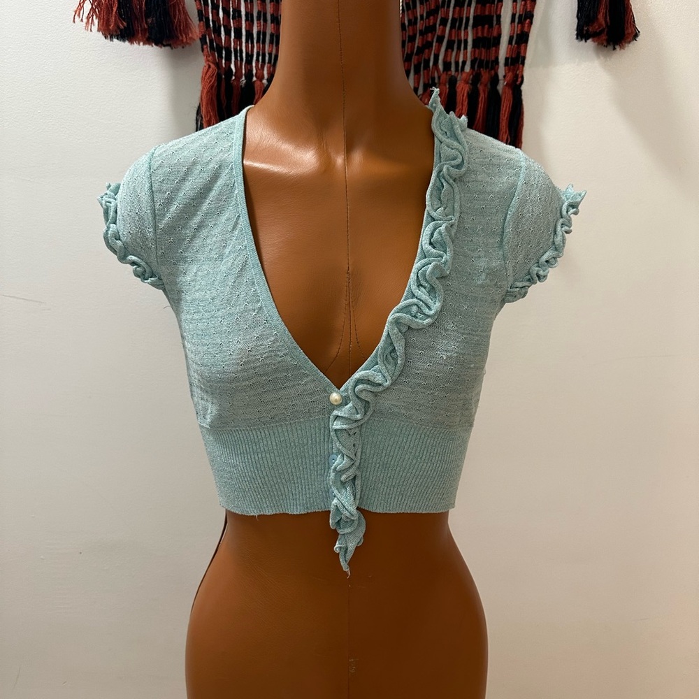 bebe Ruffled V-Neck Cropped Blouse - Soft Blue